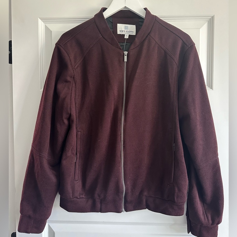 Soft Cloth Men's Wool Blend Knit Bomber Jacket in Burgundy